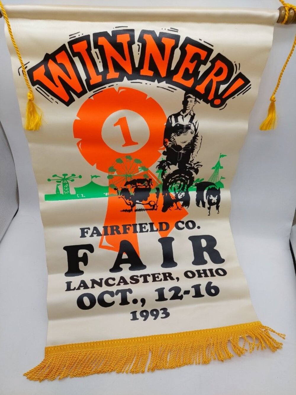 Ohio Fairfield County Fair Sign Cloth Fringe Winner 1994 READ